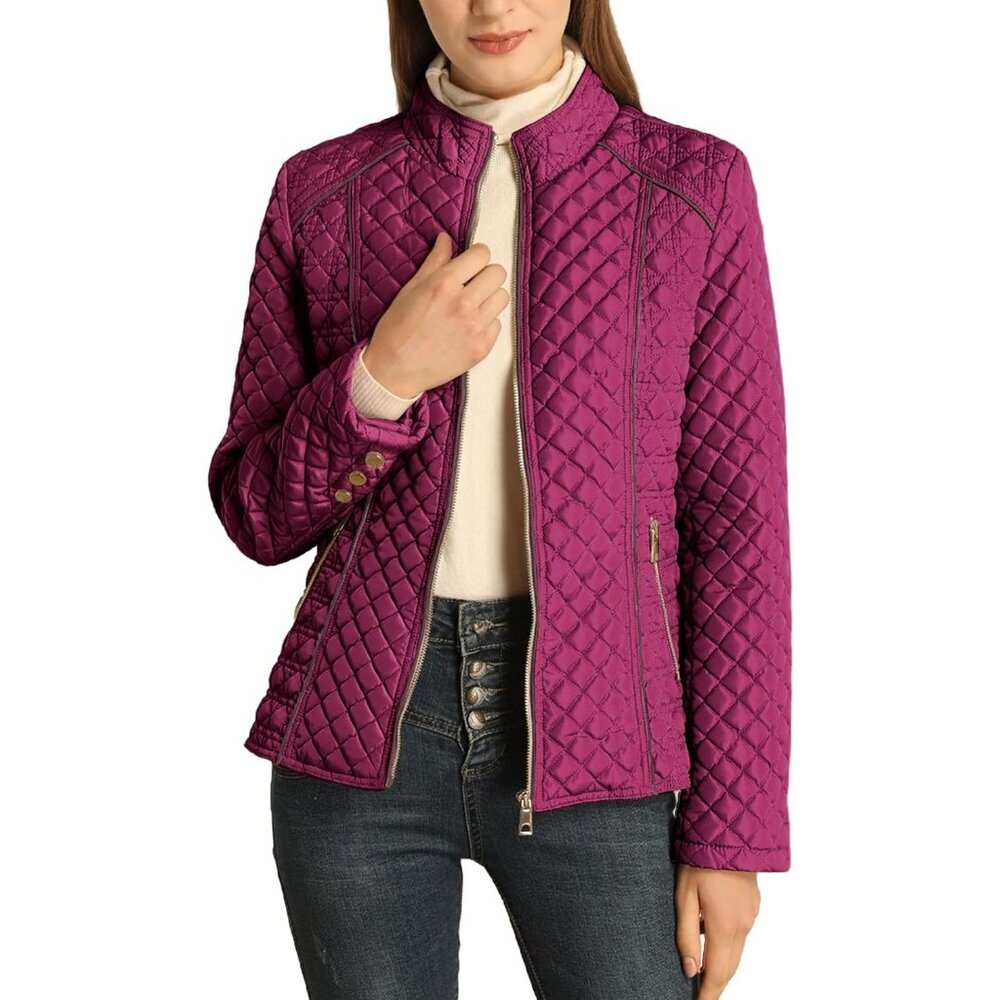Women's Lightweight Dark Red Cozy Warm Stand Collar Quilted Puffer Jacket Coat